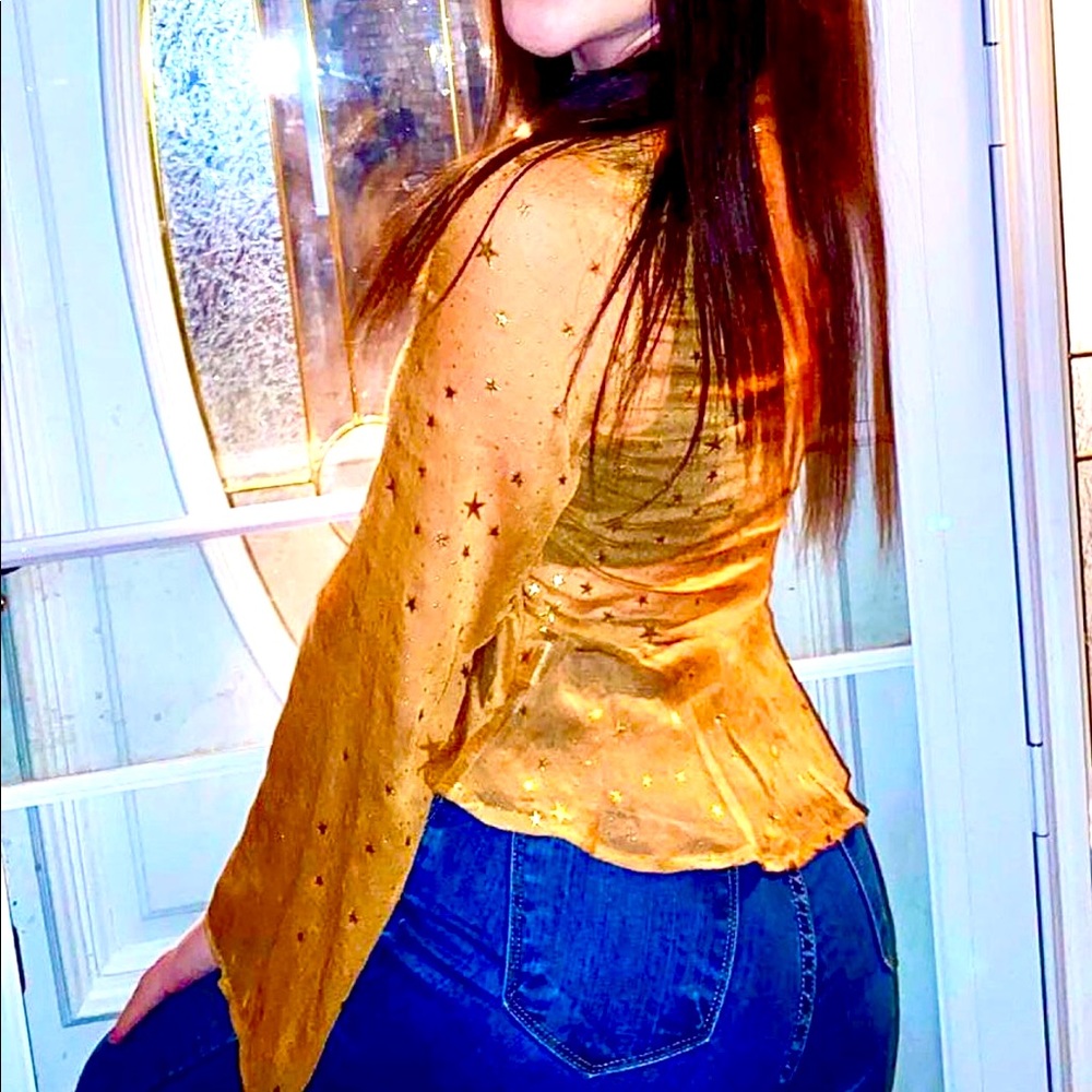 Golden star V neck sinched sheer top
